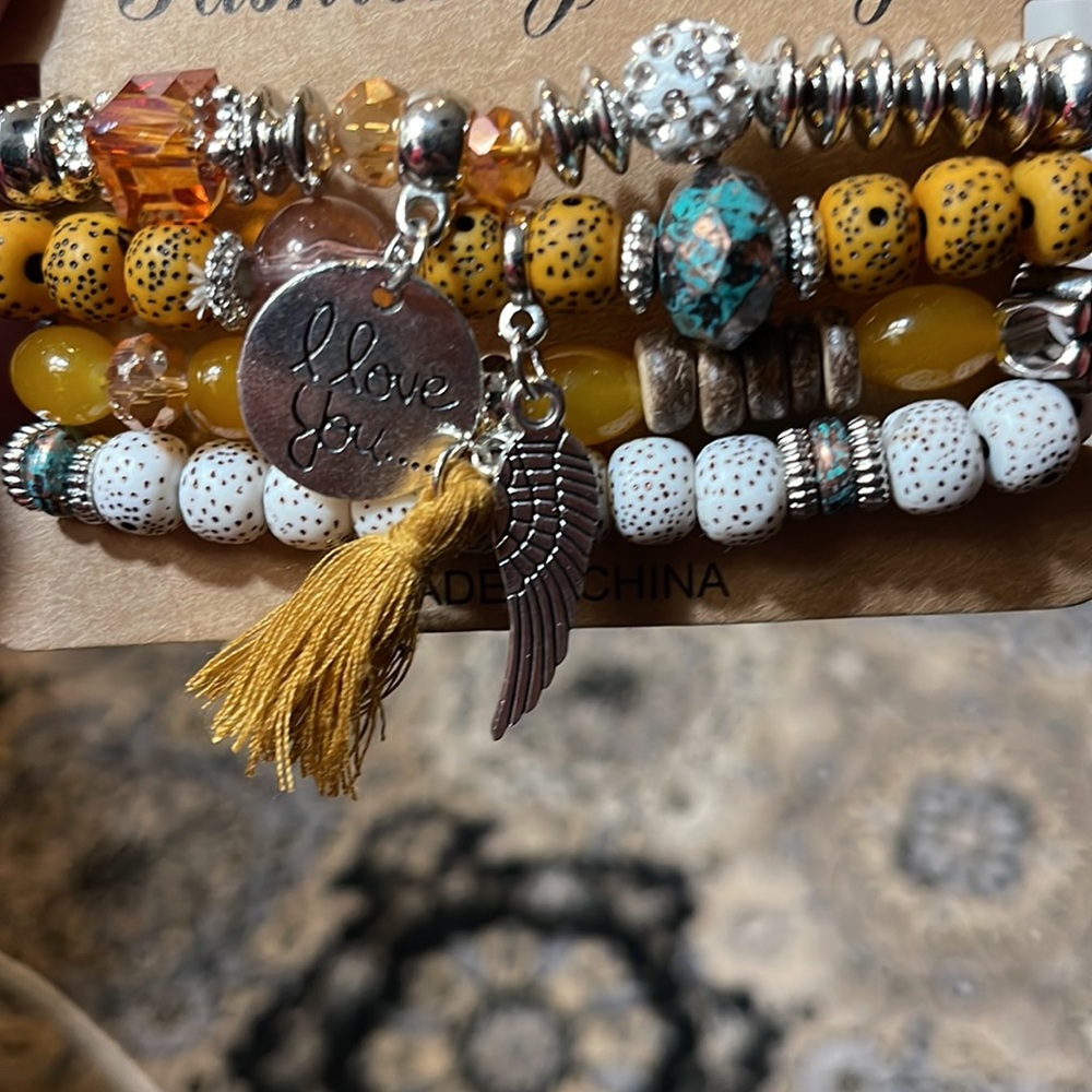 🧡💛 4 Strand Bead Bracelet W/Tassel & Charms:Wood, Crystals, Rhinestones, Metal